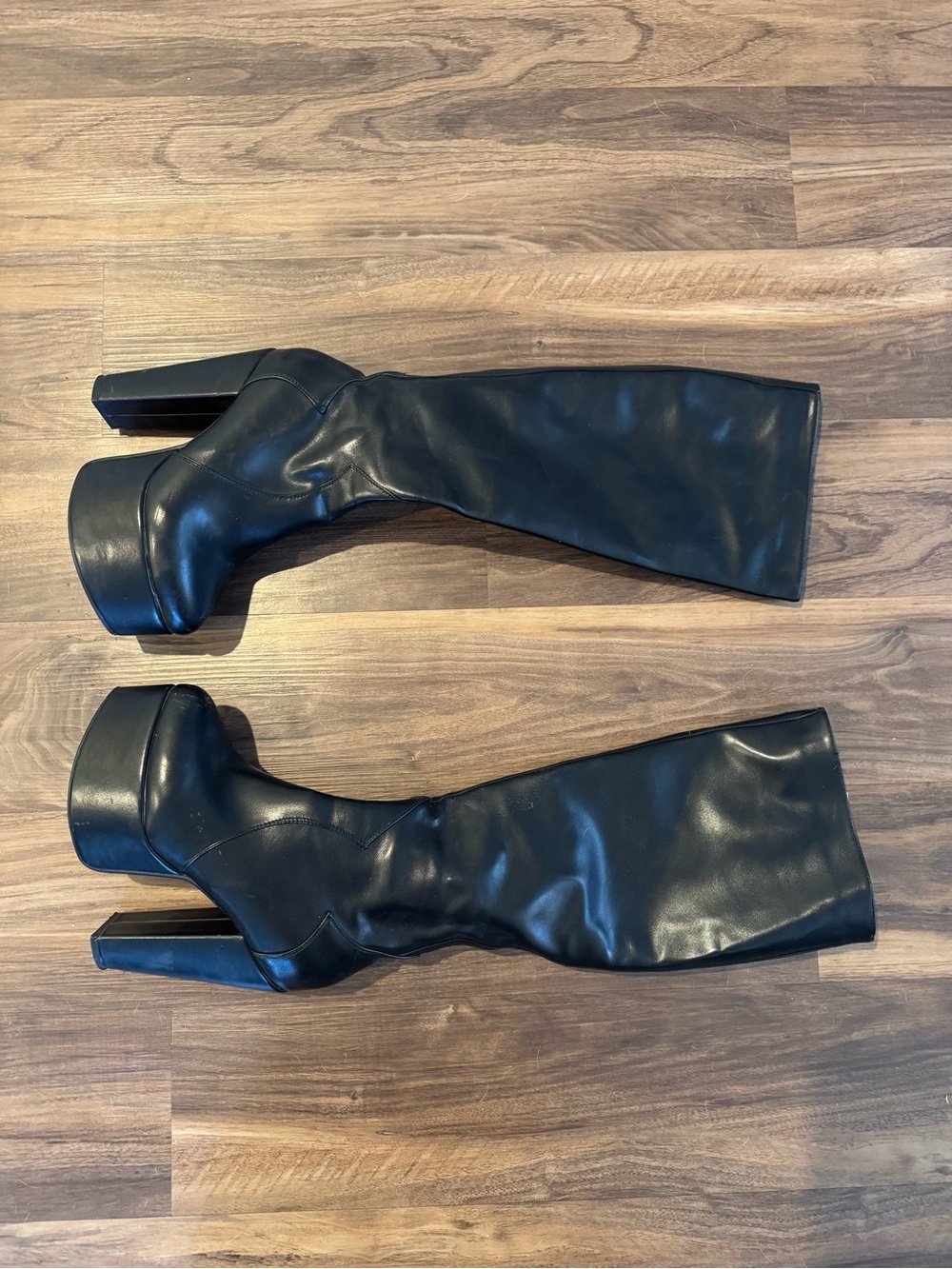 Black Platform Knee-High Boots with High Block Heel